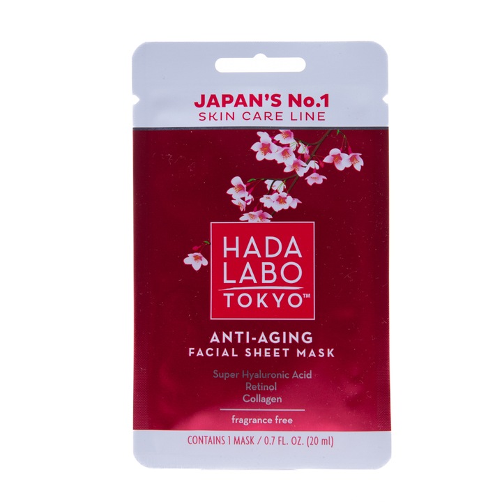 Masca faciala sub forma de servetel anti-imbatranire, Hada Labo Tokyo, cu Super Hyaluronic Acid, retinol si colagen, 20 ml