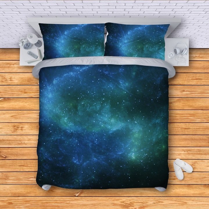 Lenjerie de pat 3DG-Textile, Model Galaxy, 150 x 210 cm, 3 Piese, Verde/Albastru