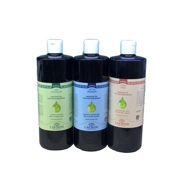 Set 3 uleiuri pentru masaj corporal ayurvedic 500 ml, Lakshmi, pentru cele 3 tipologii umane vata, pitta, kapha Set 3 uleiuri pentru masaj corporal ayurvedic 500 ml, Lakshmi, pentru cele 3 tipologii umane vata, pitta, kapha