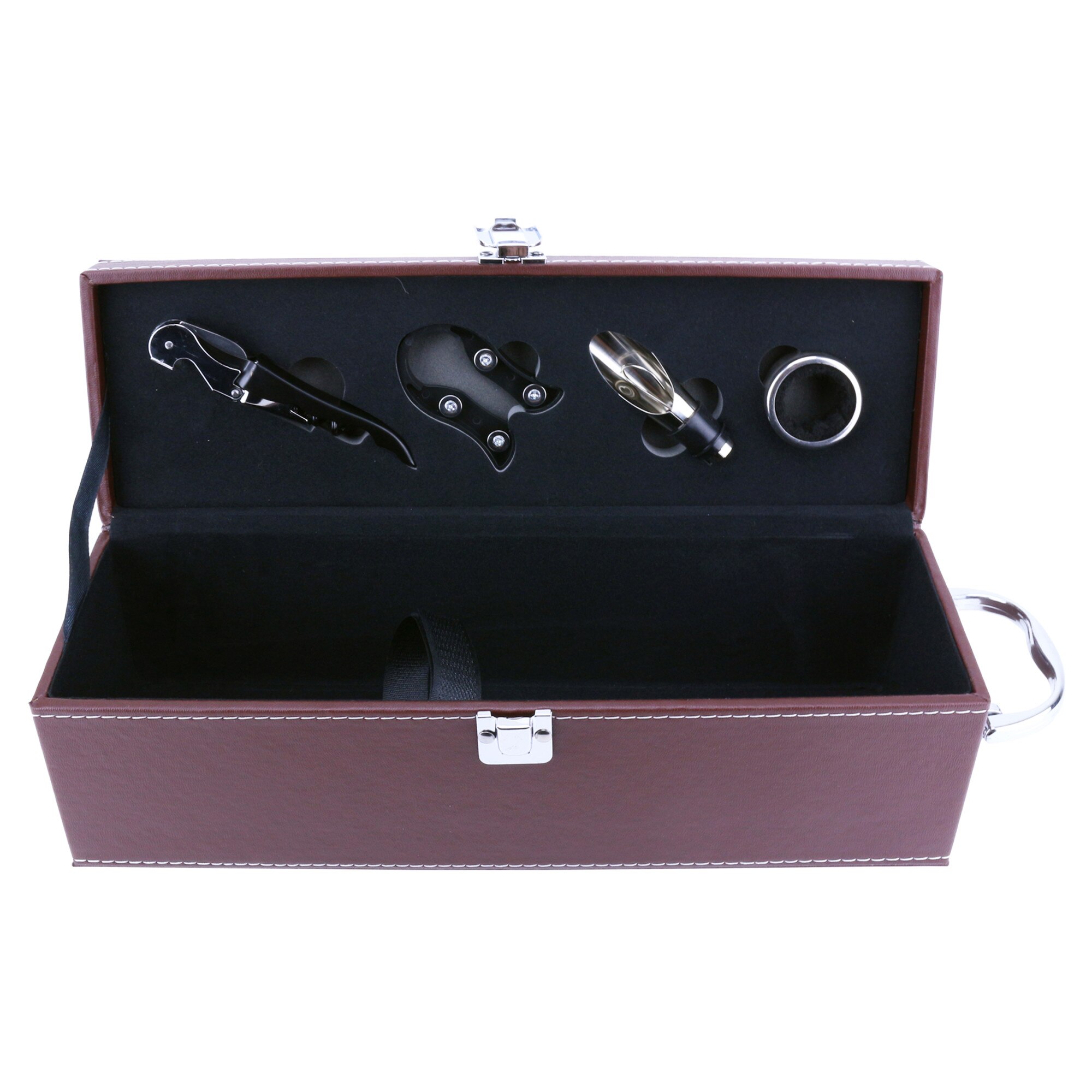 Cutie eleganta de cadou pentru vin din piele ecologica cu 4 accesorii, Maro, 36 cm