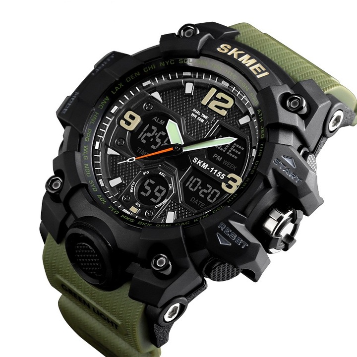 Мъжки часовник Skmei, Army Green, Shock Resistant, Military, Digital, Sport, Army, Dual time, Chronograph
