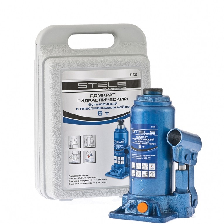 Cric hidraulic tip butelie, 5 t, H 197-382 mm, trusa plastic, STELS