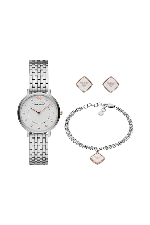 Emporio Armani, Часовник с бижу - 3 части, Сребрист / Бял