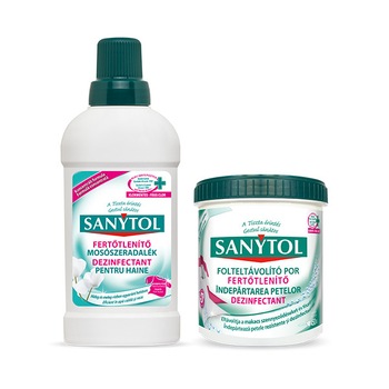 Pachet Solutie dezinfectant pentru haine super concentrat fara clor Sanytol 1l +Detergent pudra dezinfectant Sanytol, 450 g Pachet Solutie dezinfectant pentru haine super concentrat fara clor Sanytol 1l +Detergent pudra dezinfectant Sanytol, 450 g