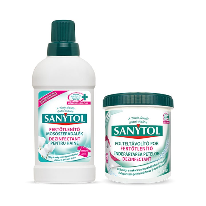 Sanytol 1l Szuper Koncentrált Klórmentes Ruhafertőtlenítő Oldat Csomag + Sanytol fertőtlenítő por mosószer, 450 g