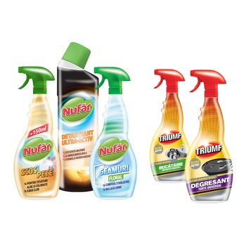 Pachet Solutie scos Pete Nufar 500ml+ Detartrant Ultra-Activ Nufar, 750 ml+ Solutie pentru geamuri Nufar Floral, 500 ml+ Solutie pentru bucatarie Triumf 500ml+Degresant forte universal, Triumf, 500 ml Pachet Solutie scos Pete Nufar 500ml+ Detartrant Ultra-Activ Nufar, 750 ml+ Solutie pentru geamuri Nufar Floral, 500 ml+ Solutie pentru bucatarie Triumf 500ml+Degresant forte universal, Triumf, 500 ml