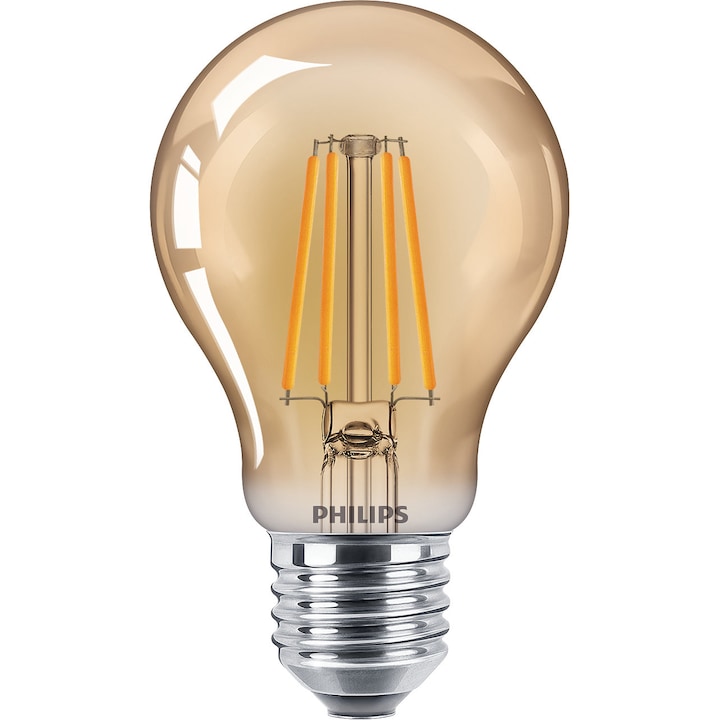 Bec LED vintage (decorativ) Philips, E27, 4W (35W), 400 lm, 2500K, flacara, Gold, clasa energetica F
