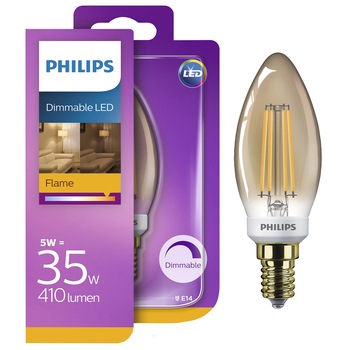 Bec LED vintage (decorativ) dimabil Philips Classic, E14, 5W (35W), 410 lm, 2500K, flacara Bec LED vintage (decorativ) dimabil Philips Classic, E14, 5W (35W), 410 lm, 2500K, flacara