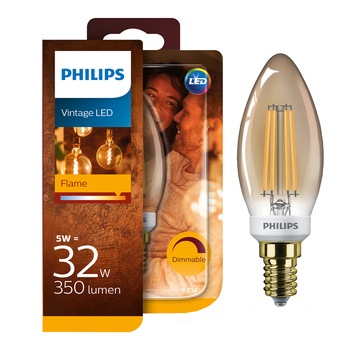 Bec LED vintage (decorativ) dimabil Philips Classic, E14, 5W (32W), 350lm, 2200K, flacara, Gold Bec LED vintage (decorativ) dimabil Philips Classic, E14, 5W (32W), 350lm, 2200K, flacara, Gold
