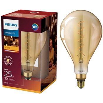 Bec LED vintage (decorativ) Philips Classic giant, E27, 5W (25W), 300lm, 2000K, flacara, Gold, 29.3 cm Bec LED vintage (decorativ) Philips Classic giant, E27, 5W (25W), 300lm, 2000K, flacara, Gold, 29.3 cm