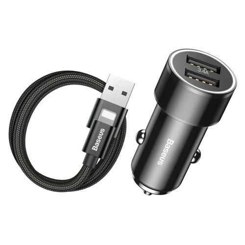 Incarcator auto universal Baseus mini cu 2 porturi USB si cablu 1 m iPhone