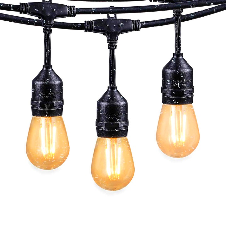 Kültéri/beltéri lámpafüzér 15 db felfüggesztett E27-es foglalattal, meleg fénnyel, 15 méter hosszúsággal, 15 db 4W-os LED izzóval, átlátszó narancssárga vintage gömbbel