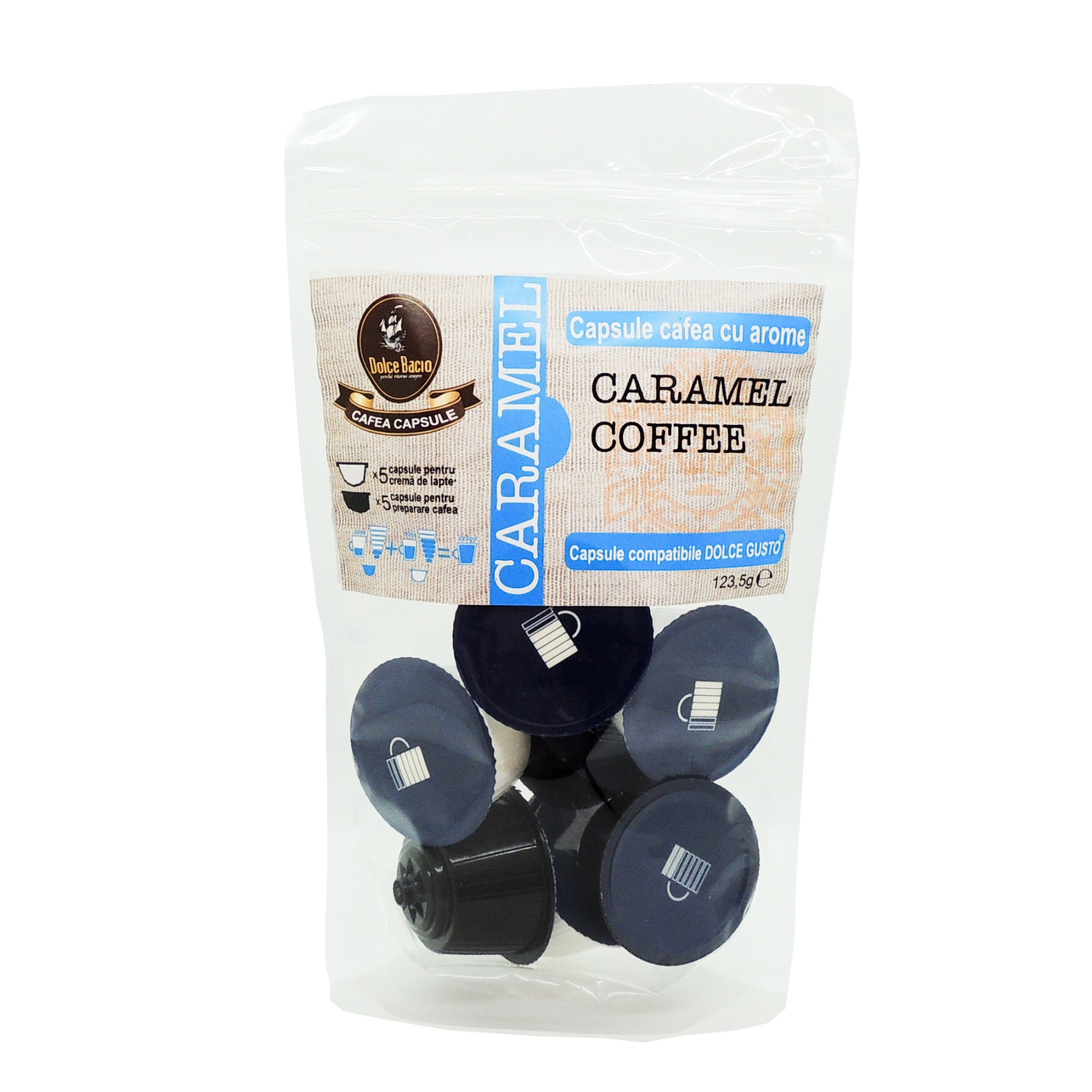 Capsule cafea cu aroma Caramel Dolce Bacio, 2x5 capsule(24,7g), compatibile Dolce Gusto