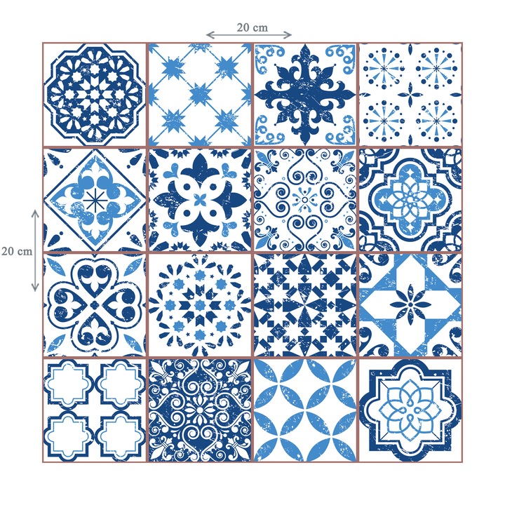 Set stickere pentru faianta si mobila, Solahulo, d12056, alb/albastru, 20 cm x 20 cm, 6 bucati