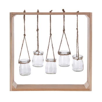 Cadru din lemn cu 5 vase de sticla agatate, 38x38x7 cm Cadru din lemn cu 5 vase de sticla agatate, 38x38x7 cm