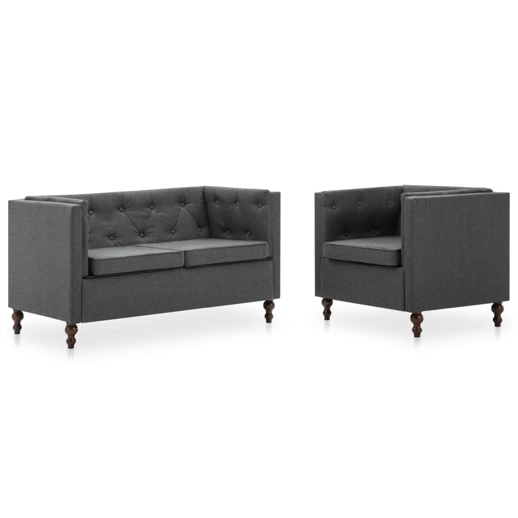 Set canapea si fotoliu, model Chesterfield, vidaXL, tapiterie textila, Gri inchis, 72 x 68 x 70 cm