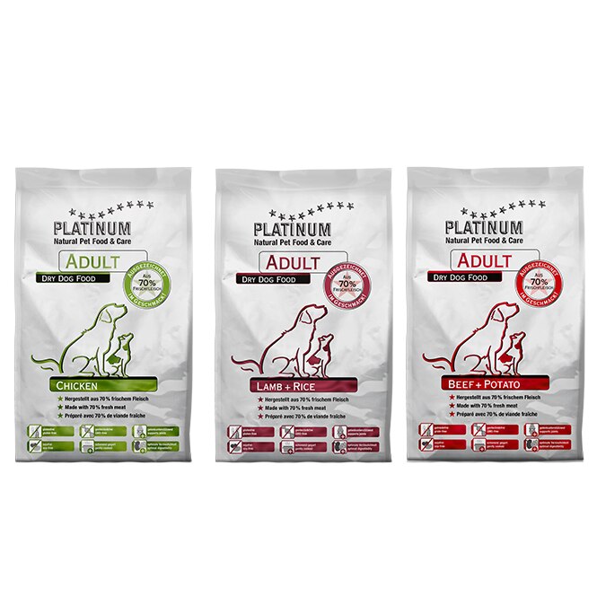 Set 3 pungi cu Hrana uscata pentru caini Platinum Natural, Adult Pack - Chicken, Lamb & Rice si Beef & Potato, 3 x 5 kg