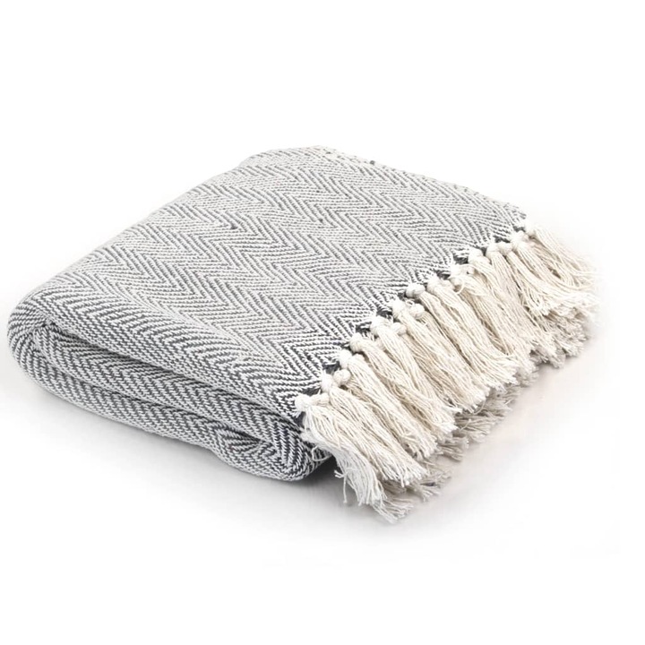 Декоративно одеяло vidaXL, памук, рибена кост, 220х250 см, сив цвят