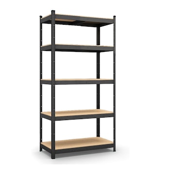 Raft metalic depozitare Qracks, 5 polite MDF, 180x90x40 cm, 175 kg/polita, montaj fara surub, prin clipsare, cadru metalic negru, polite maro Raft metalic depozitare Qracks, 5 polite MDF, 180x90x40 cm, 175 kg/polita, montaj fara surub, prin clipsare, cadru metalic negru, polite maro