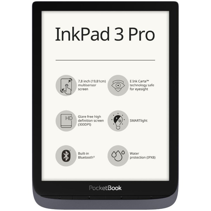 eBook четец PocketBook Inkpad 3 Pro, 7.8", 16GB, Водоустойчив, WiFi, Bluetooth, Включен калъф, Сив металик