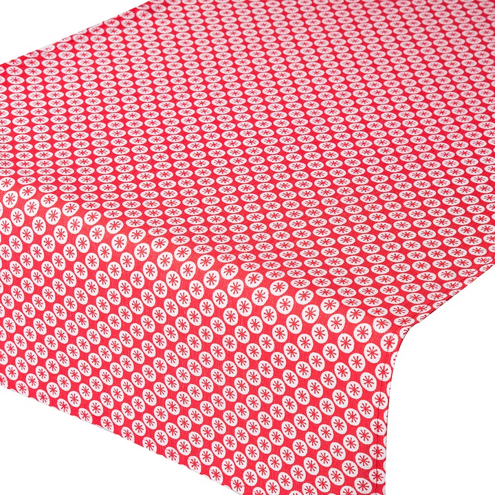 Traversa de masa Craciun, BonDia, Model Kirimati 401, 45 cm x 135 cm, Rosu/Alb, Cercuri/Fulgi