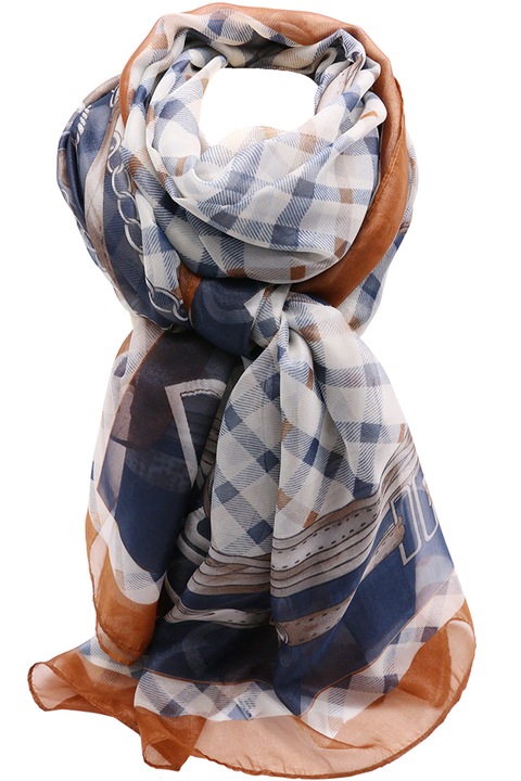 Esarfa supradimensionata pentru dama, din poliester, cu imprimeu patratele NK07BE Albastru