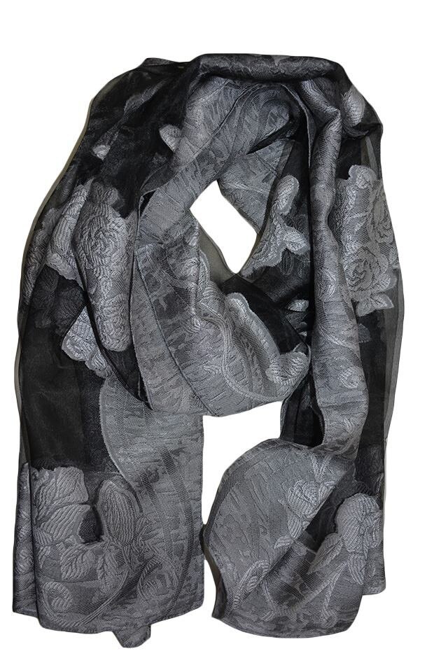 Esarfa eleganta din material fin cu model gri, D&J Exclussive, negru