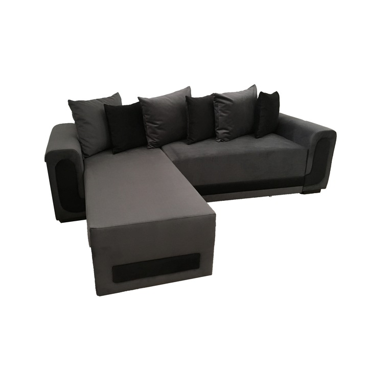 Coltar extensibil Eva, MobAmbient, Gri negru, material textil, extensie 140 cm din plasa de arcuri tip relaxa, 1 lada de depozitare, 3 perne mari si 3 perne mici incluse, 290 x 180 cm