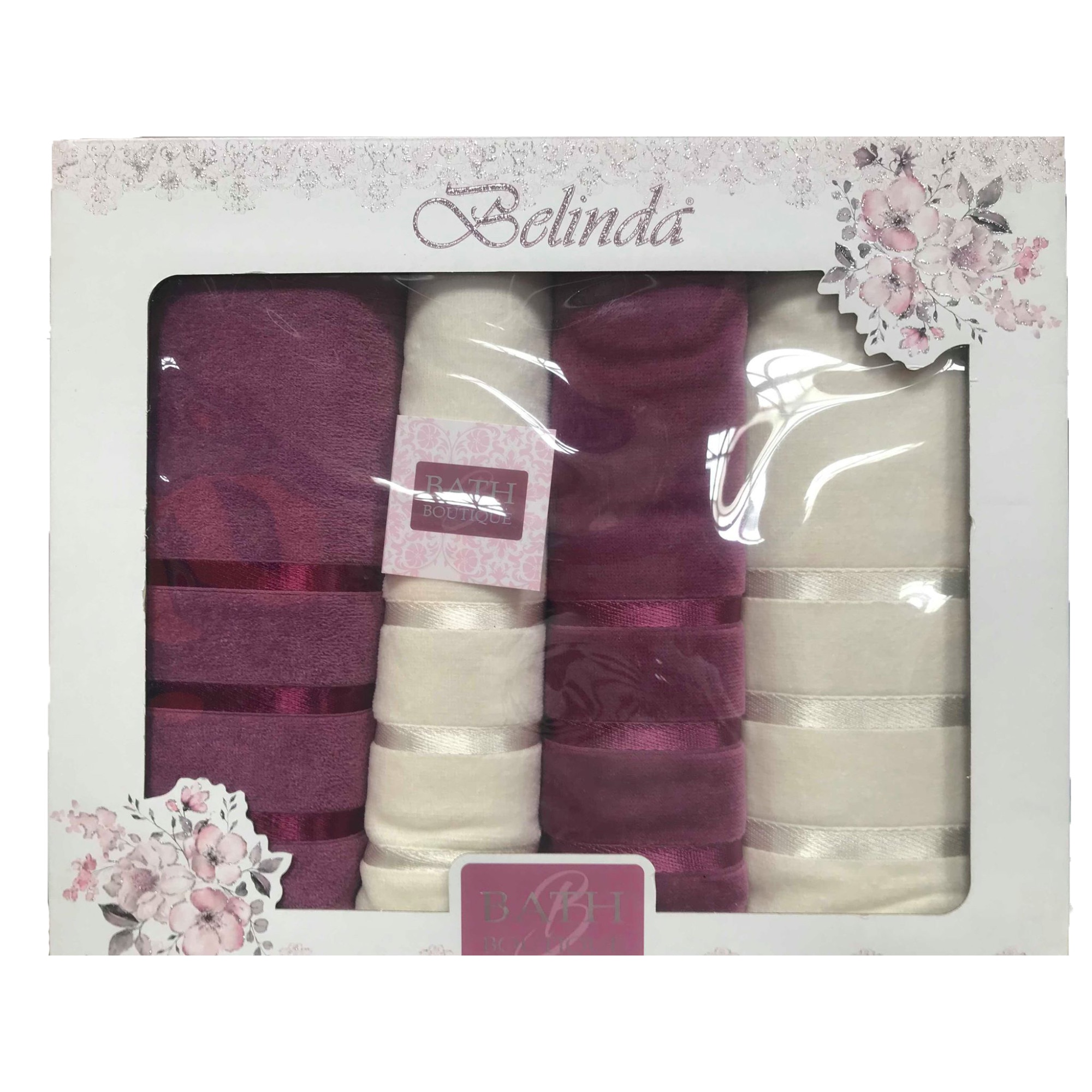 Set de 4 prosoape Belinda , cu doua fete mov + crem