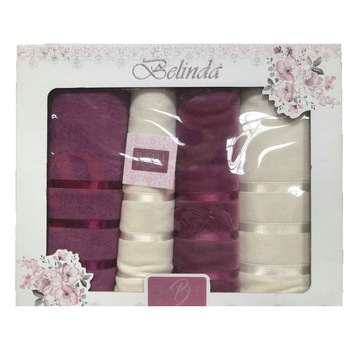 Set de 4 prosoape Belinda , cu doua fete mov + crem Set de 4 prosoape Belinda , cu doua fete mov + crem