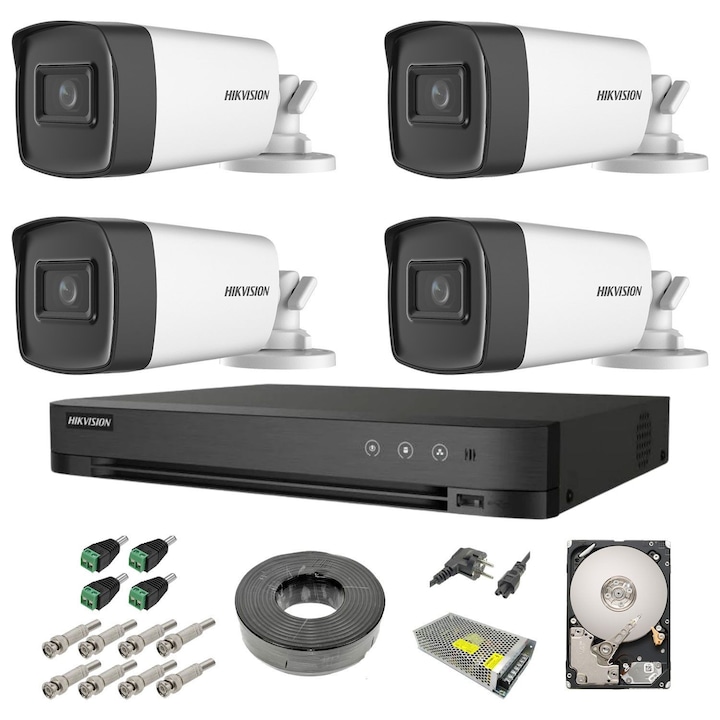 Kit supraveghere Dahua 4 camere, 5MP, lentila 3.6mm, IR 80M, DVR Dahua cu 4 canale 4K