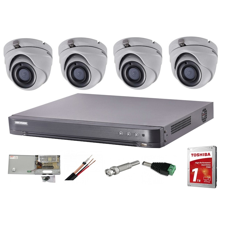 Sistem de supraveghere Hikvision 4 camere interior 4 in 1, 8MP, lentila 2.8, IR 60m, DVR 4 canale 4K 8MP, accesorii