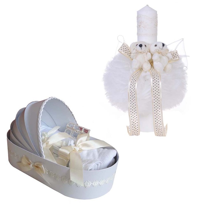 Set lumanare botez cu ursuleti si trusou botez in cutie landou crem Erfi® 74