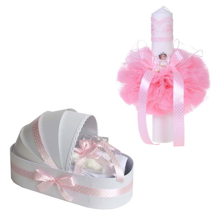 Set trusou botez in cutie landou si lumanare botez cu ingeras Erfi® 87