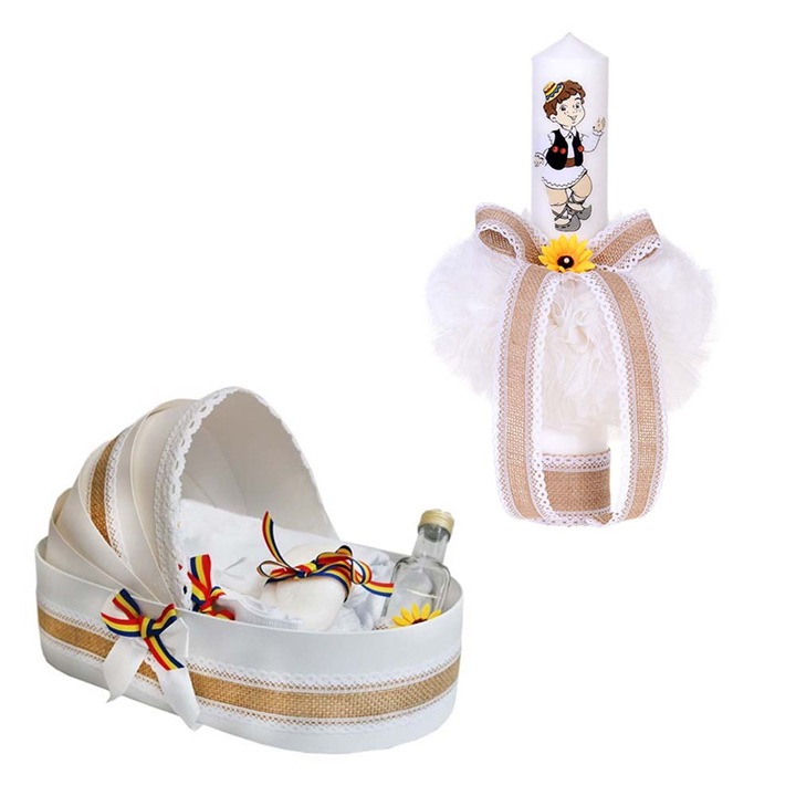 Set trusou botez in cutie landou si lumanare botez decorate traditional Erfi® 89