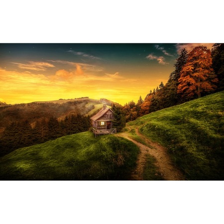 Tablou Canvas Peisaj Toamna Apus De Soare Munte Copaci Casuta 80 X 50 Cm Multicolor Emag Ro