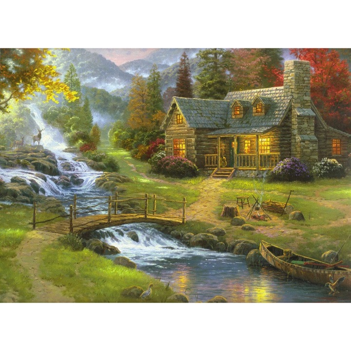 Картина на платно, Пейзаж, Есен, Река, Планина, Дървета, Къща 60 x 40 см, Многоцветна