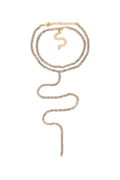 Set 2 coliere choker inguste, sir dublu de cristale, cu fir lung, Auriu