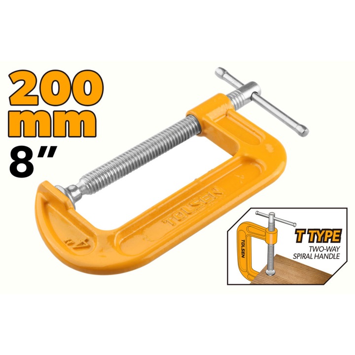 Menghina tip G TOLSEN 200mm (8"), Bara filetata zincata, Acoperire cu pulbere portocalie, corp fier forjat, deschidere maxima 200 mm, bara robusta, prindere puternica si durabila, ideala pentru tamplarie si lucrari grele, rezistenta la uzura