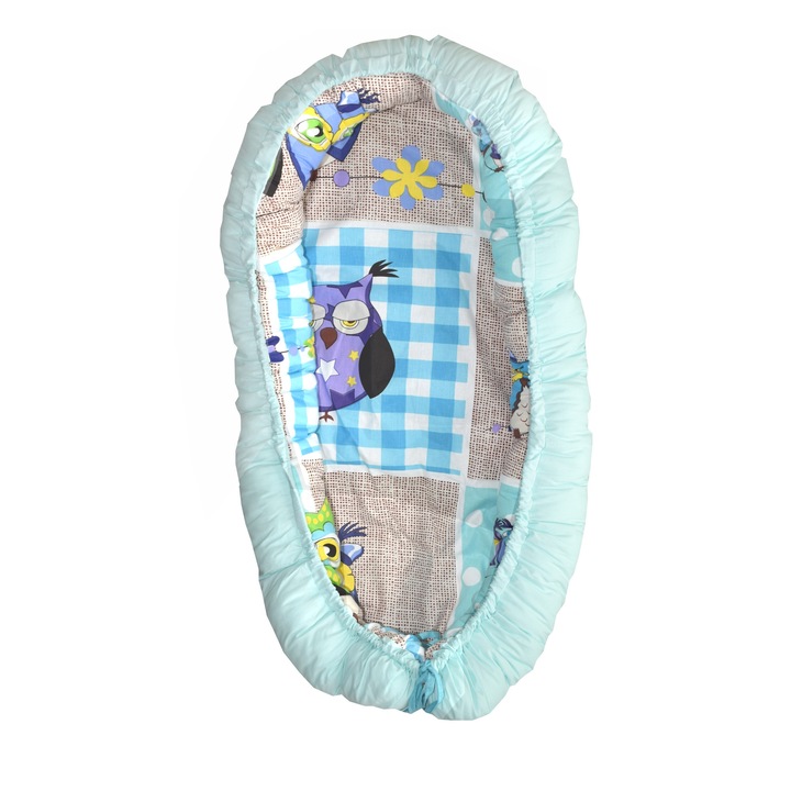 Patut portabil, baby nest, culcus bebe, 0-9 luni, lavabil, 2 fete, bufnite, multicolor