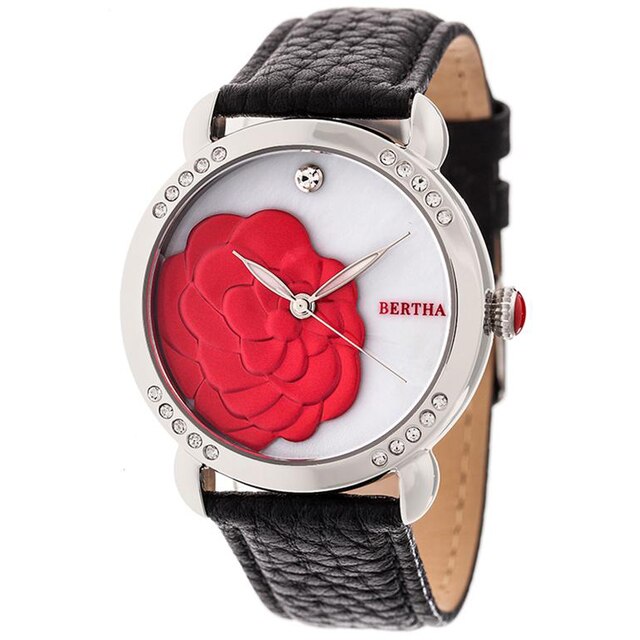 Ceas dama Bertha Daphne cu curea piele naturala dama, negru/rosu, 3.5 cm diametru