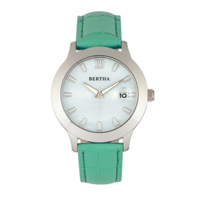 Ceas dama Bertha Eden cu curea piele naturala dama, verde/argintiu, 3.8 cm diametru
