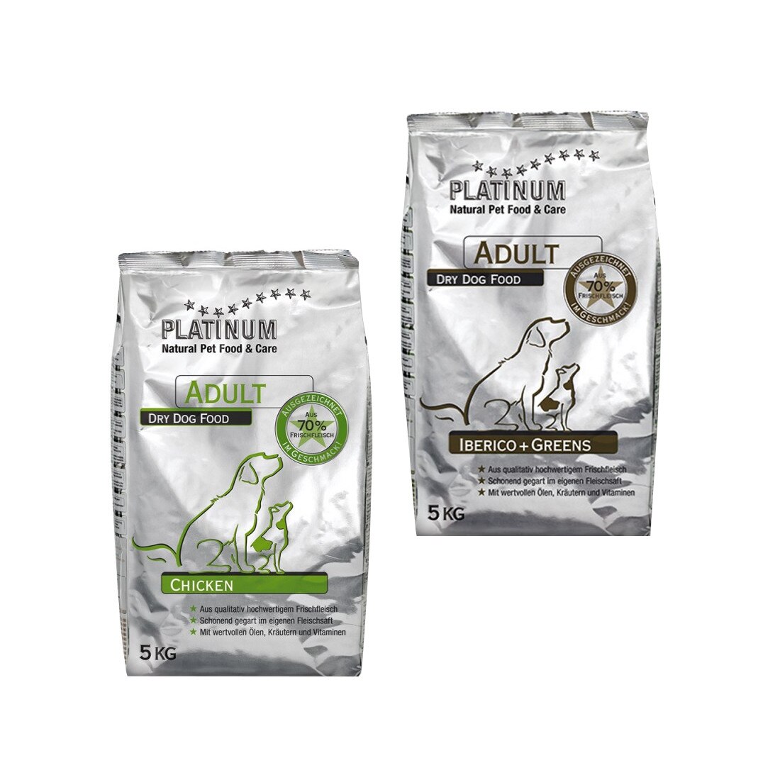 Set 2 pungi cu Hrana uscata pentru caini Platinum Natural Adult Pack, Chicken si Iberico & Green, 10 kg