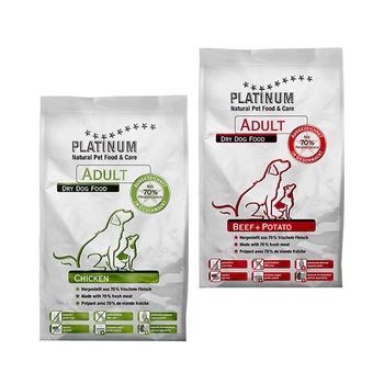 Set 2 pungi cu Hrana uscata pentru caini Platinum Natural Adult Pack, Chicken si Beef & Potato, 2x5 kg Set 2 pungi cu Hrana uscata pentru caini Platinum Natural Adult Pack, Chicken si Beef & Potato, 2x5 kg