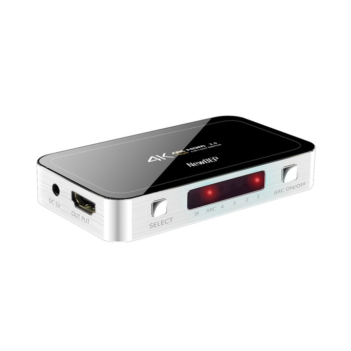 Превключвател HDMI HOPE R 4 входа 1 изход HDMI и аудио, дистанционно управление, HDR+ARC поддържа 3D и UHD 4K, черен
