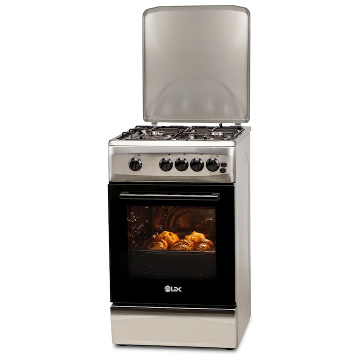 Aragaz LDK 5060 GRAI IX RMV, 4 Arzatoare, Siguranta, Grill, Rotisor, Aprindere, Iluminare, Capac sticla, 50 x 60 cm, Inox