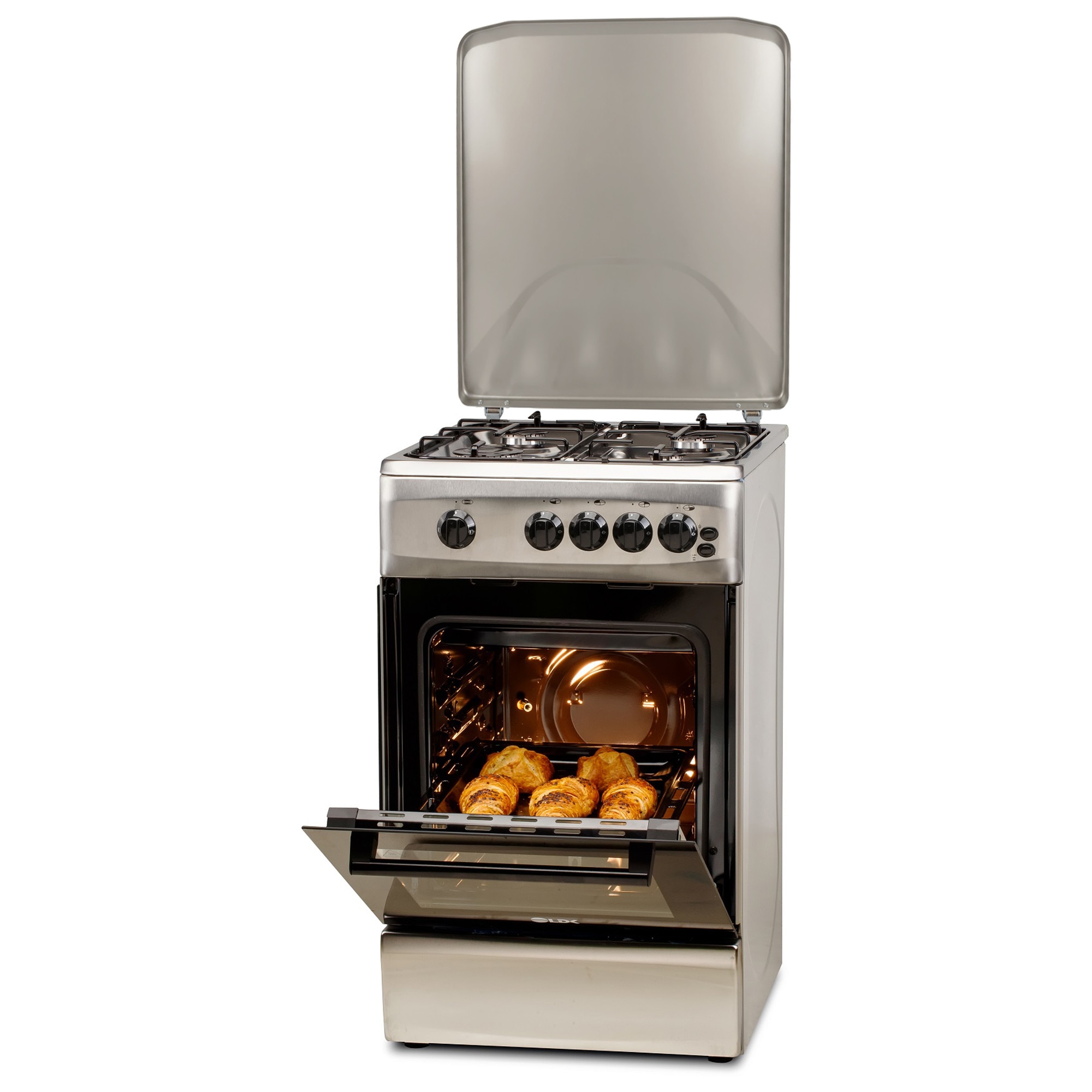 Aragaz LDK 5060 GRAI IX RMV, 4 Arzatoare, Siguranta, Grill, Rotisor, Aprindere, Iluminare, Capac sticla, 50 x 60 cm, Inox