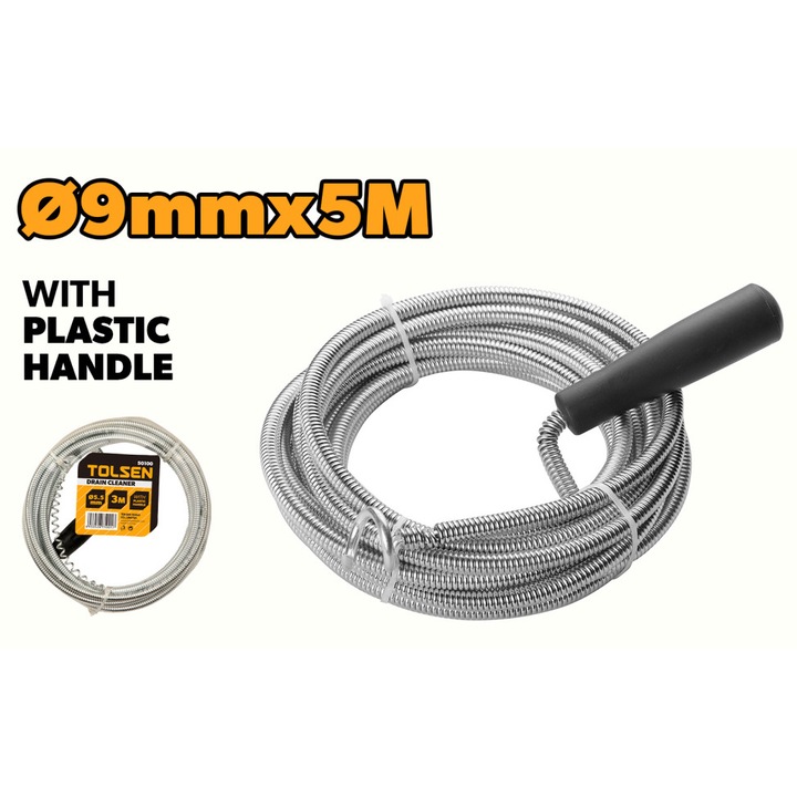 Sarpe desfundat tevi TOLSEN 9 mm x 5 m, Arc otel flexibil, Maner ergonomic din plastic, Carlig zincat, Curatare si desfundare tevi, canalizare, chiuveta, cada si dus, Usor de manevrat, Instalatii Sanitare, PVC si Inox, Instalator Profesional
