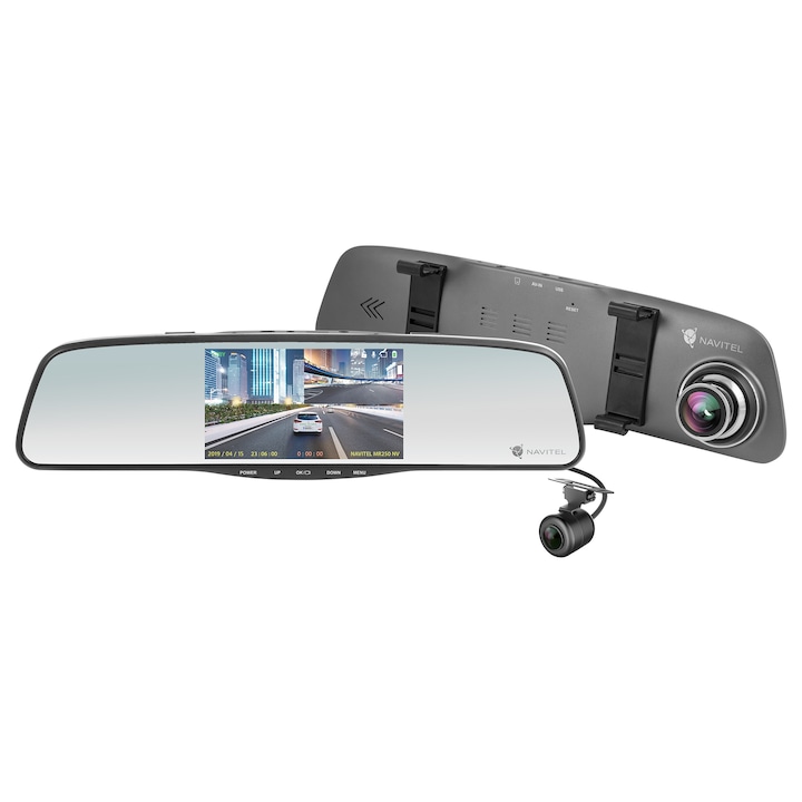 Видеорегистратор DVR Navitel MR250NV с Night Vision, Фиксиране върху огледалото за обратно виждане, Дисплей 5"IPS, Метален корпус, Предна камера 160° FHD/30fps с night vision и втора задна камера IP65