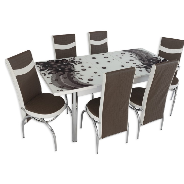 Set masa extensibila Amaryllis Brown cu 6 scaune din piele ecologica, dreptunghiulara, blat din sticla securizata si PAL, picioare inox, maro/alb, 130x78x80 cm